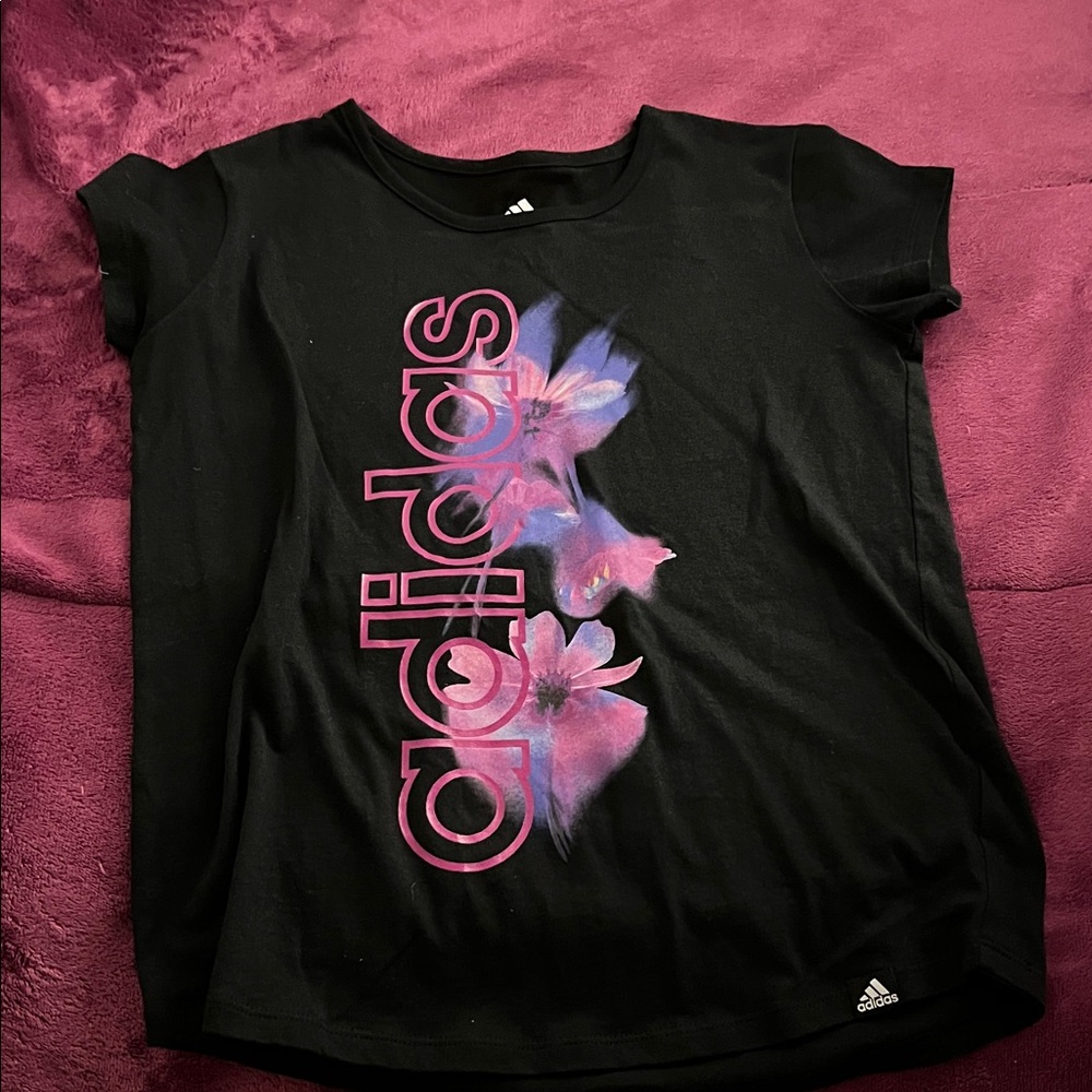 Adidas Kids Black Tee with Pink Floral Graphic